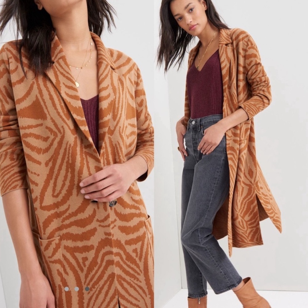 Anthropologie Maeve Orange Zebra Print Long Cardigan, Size M